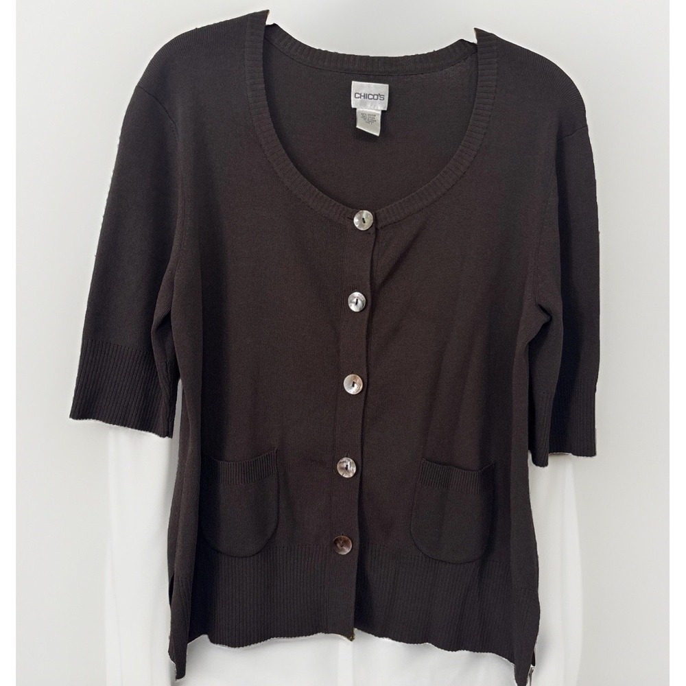 CHICO'S S/Sleeve Button Front Fine Knit Cardigan Sz 1 / M Dark Chocolate Brown
